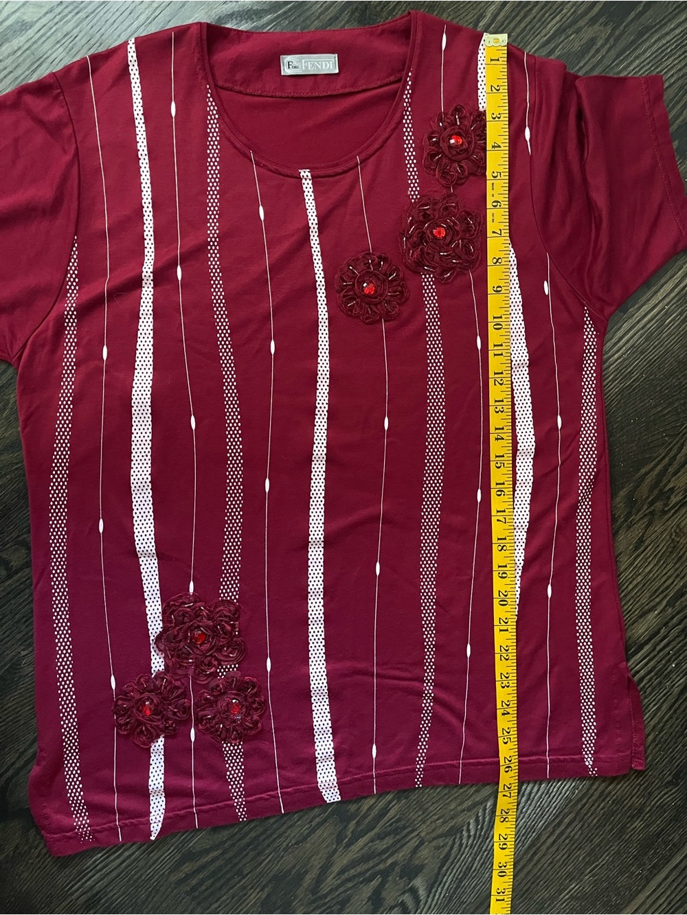 Fendi Wine Red Short Sleeve Top Floral Appliqués White Stripes Relaxed Fit - Picture 5 of 5